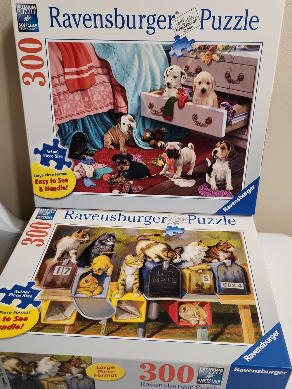 2 Ravensburger Puzzles 300 Pc LARGE FORMAT Mischief Makers Puppies Cats Got Mail